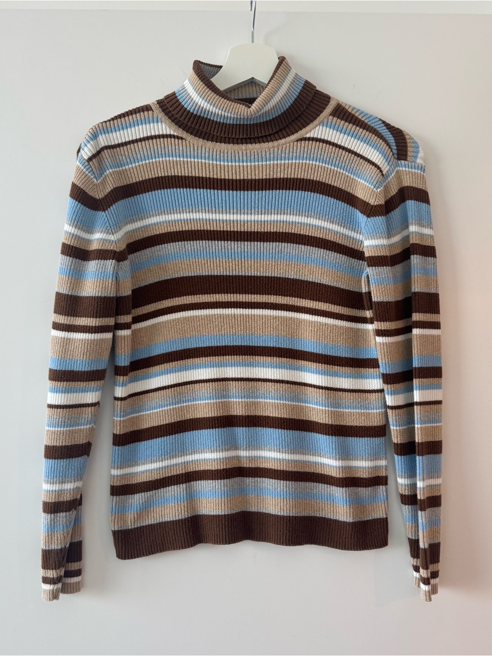 Y2K Liz Claiborne Striped Turtleneck Sweater - Blue, Brown & Cream